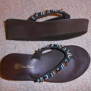 Sun Dance Brown Blue Bead Platform Flip Flop Wedge